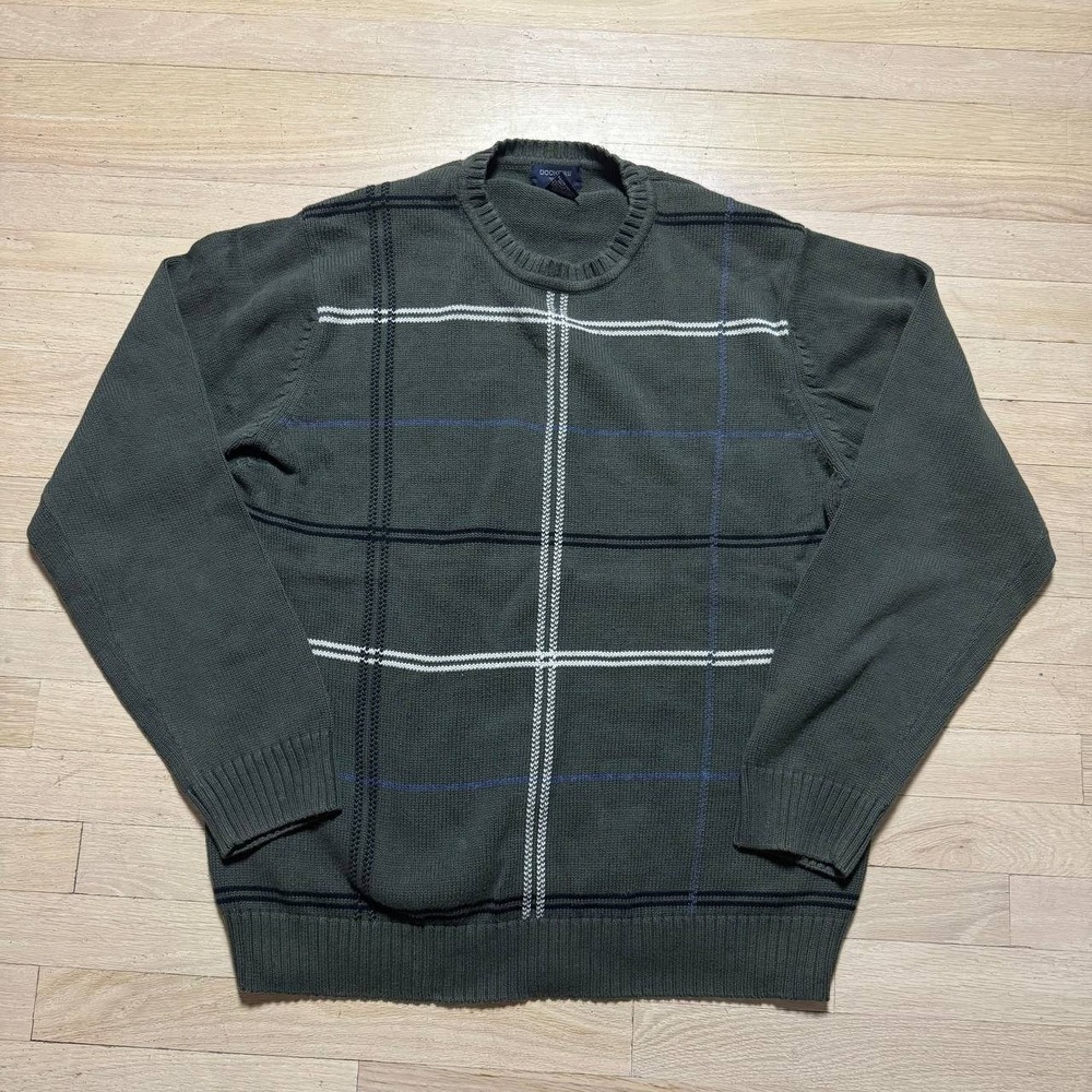 Dockers 90s Men's Vintage 100% Cotton Plaid Sweater Olive Green LT/GL